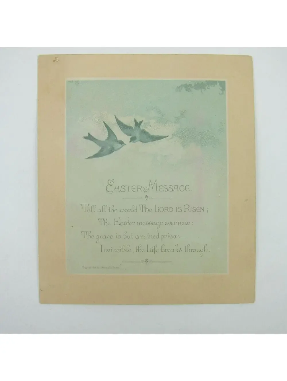 Victorian Easter Greeting Card Two Birds Flying Blue Fruit Tree Antique 1882